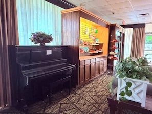 A piano, a plant, and a counter with various items.