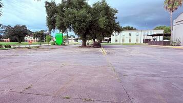 Um estacionamento vazio com uma grande árvore no centro, rodeado por edifícios e uma placa verde.