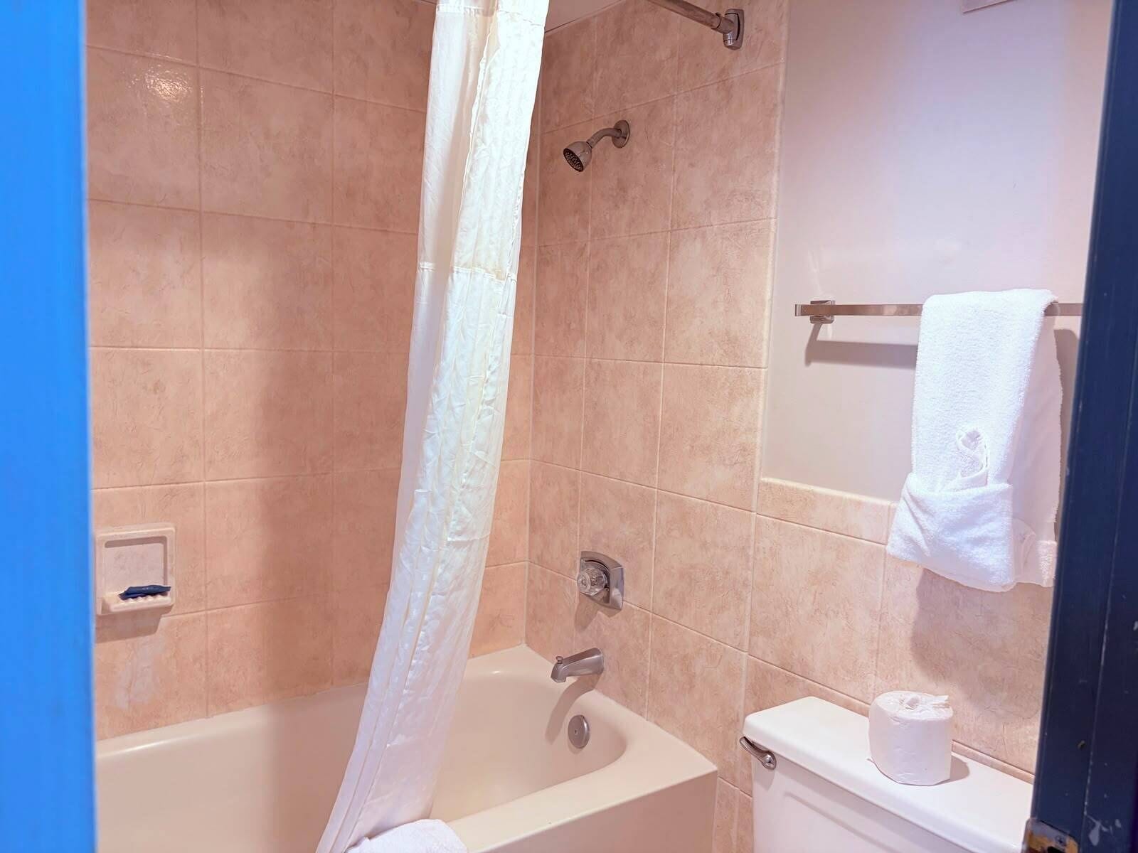 Un baño con bañera, inodoro y cortina de ducha.
