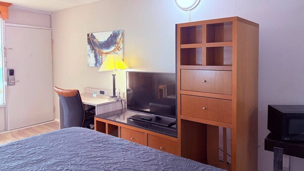 A hotel room with a bed, a desk with a computer, a television, a lamp, and a wardrobe. - Discovery Inn Lafayette Airport I-10 (Lafayette)