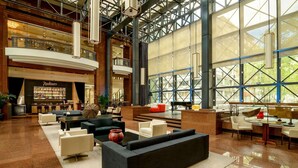 Um hall amplo com design moderno, apresentando a placa Radisson, áreas de estar confortáveis e grandes janelas com vista para o exterior.