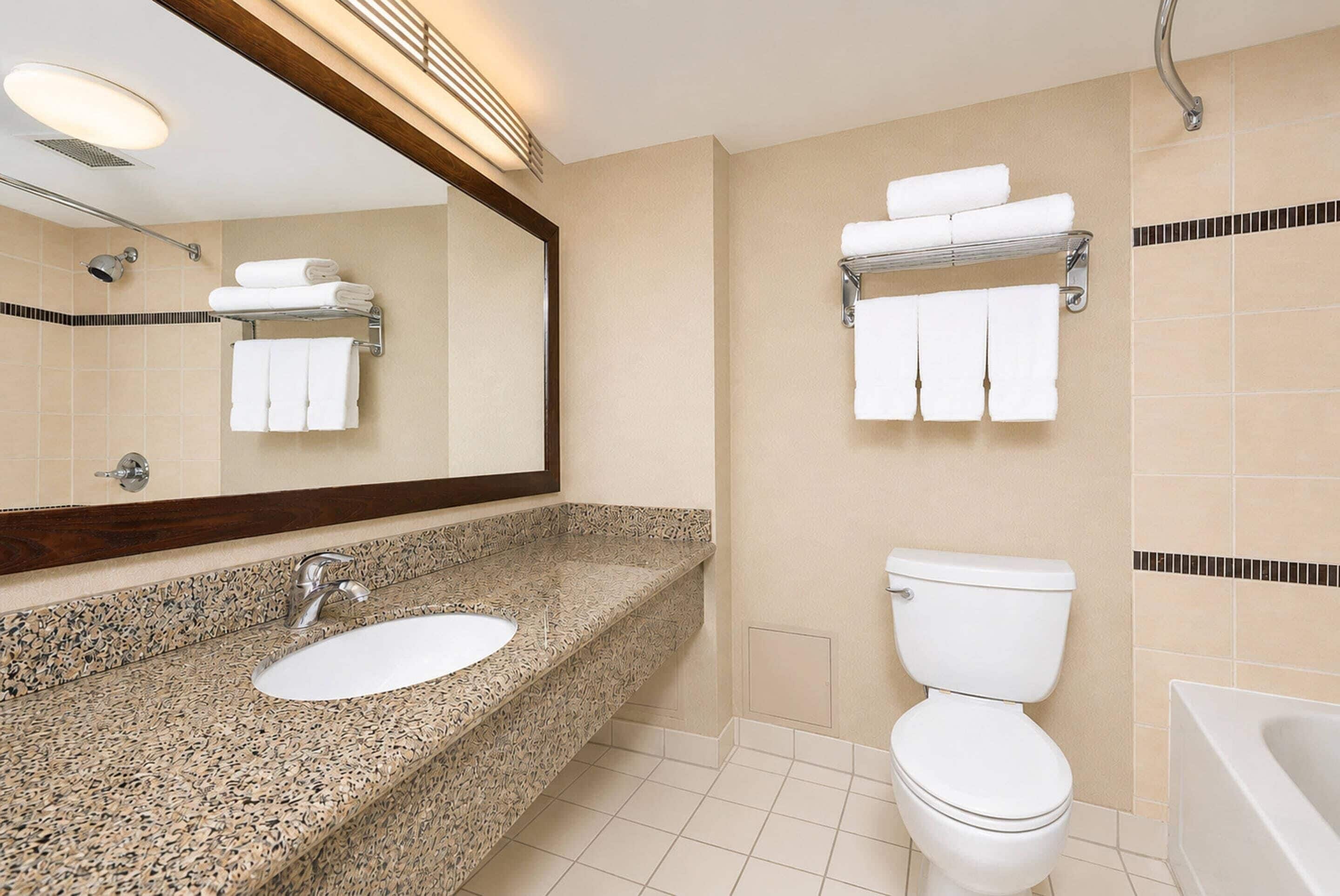 A bathroom with a sink, toilet, and a towel rack.