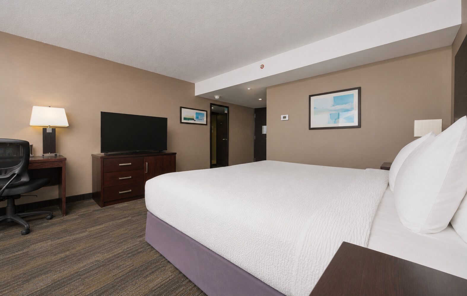 Une chambre d’hôtel comprenant un lit, un bureau, une télévision et une porte donnant sur une autre pièce.