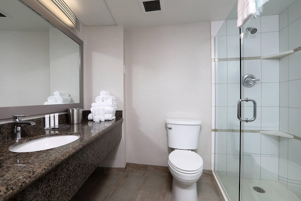 A modern bathroom with a granite countertop, a white toilet, and a glass-enclosed shower. - Radisson Hotel Winnipeg Downtown (Winnipeg)