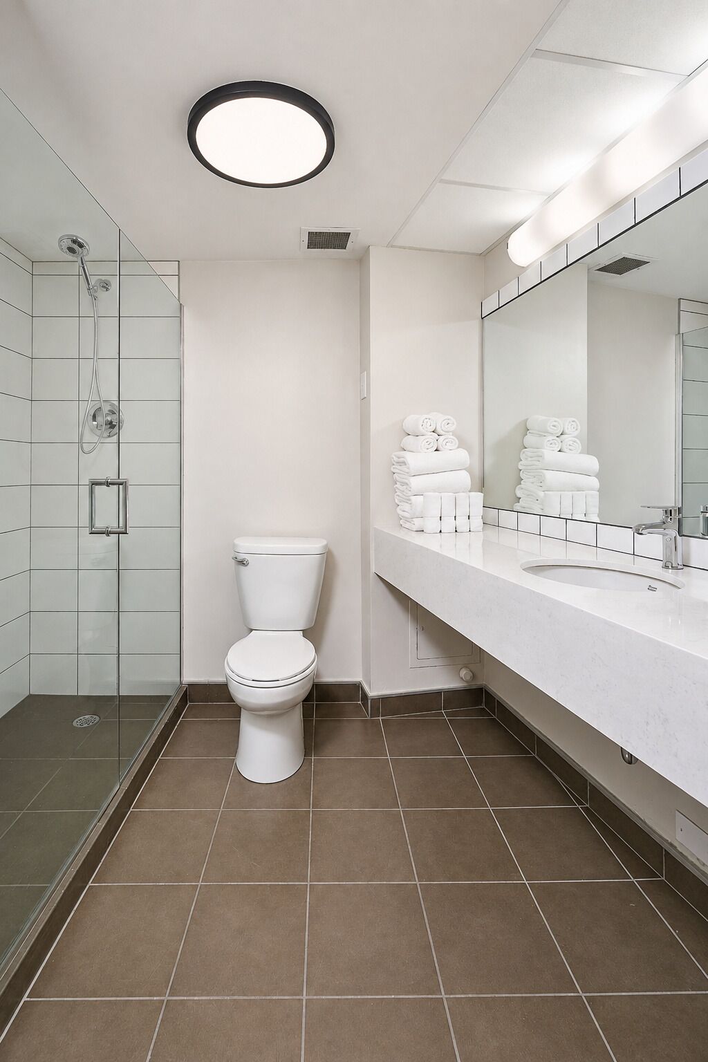 A modern bathroom with a toilet, a shower, and a sink area.