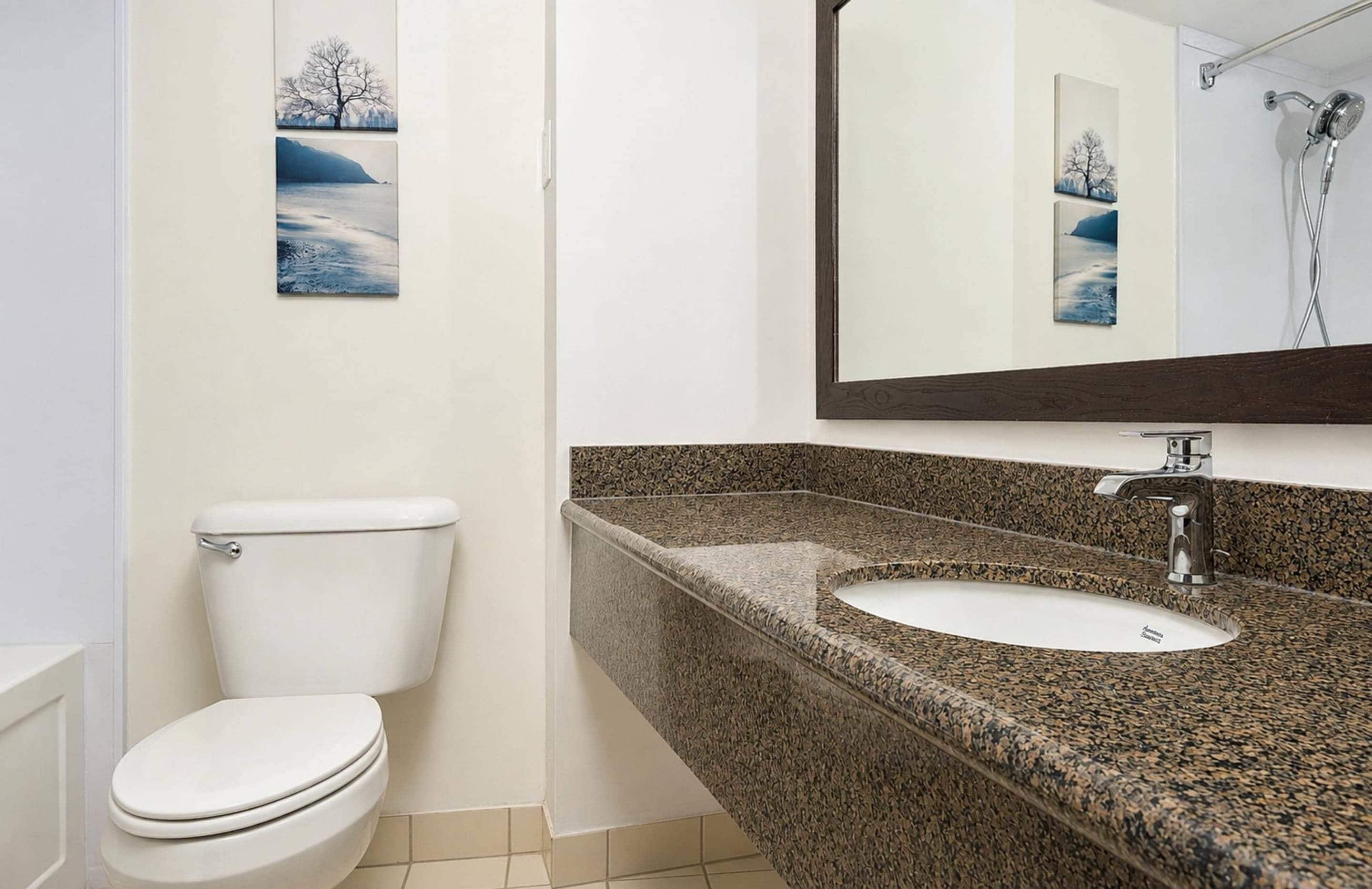 A bathroom with a toilet, sink, and shower.