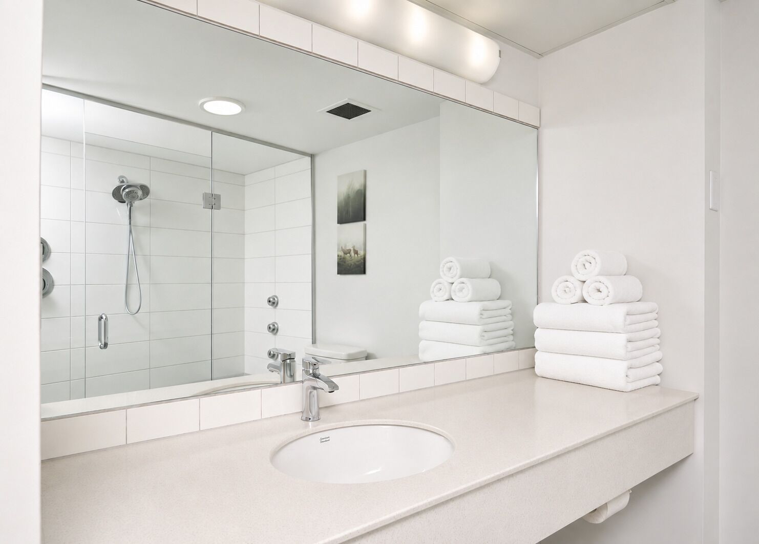 Une salle de bain moderne avec un grand miroir, un lavabo et une douche.