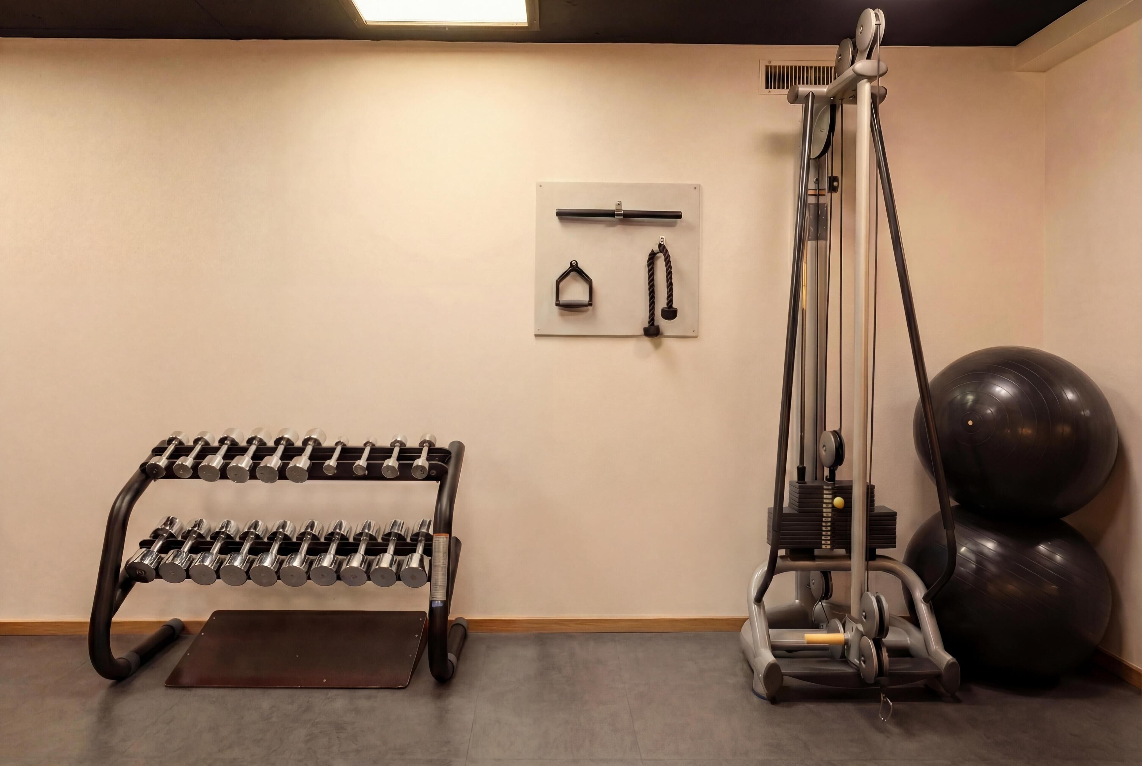 A gym with a weight rack, exercise machine, and exercise balls.