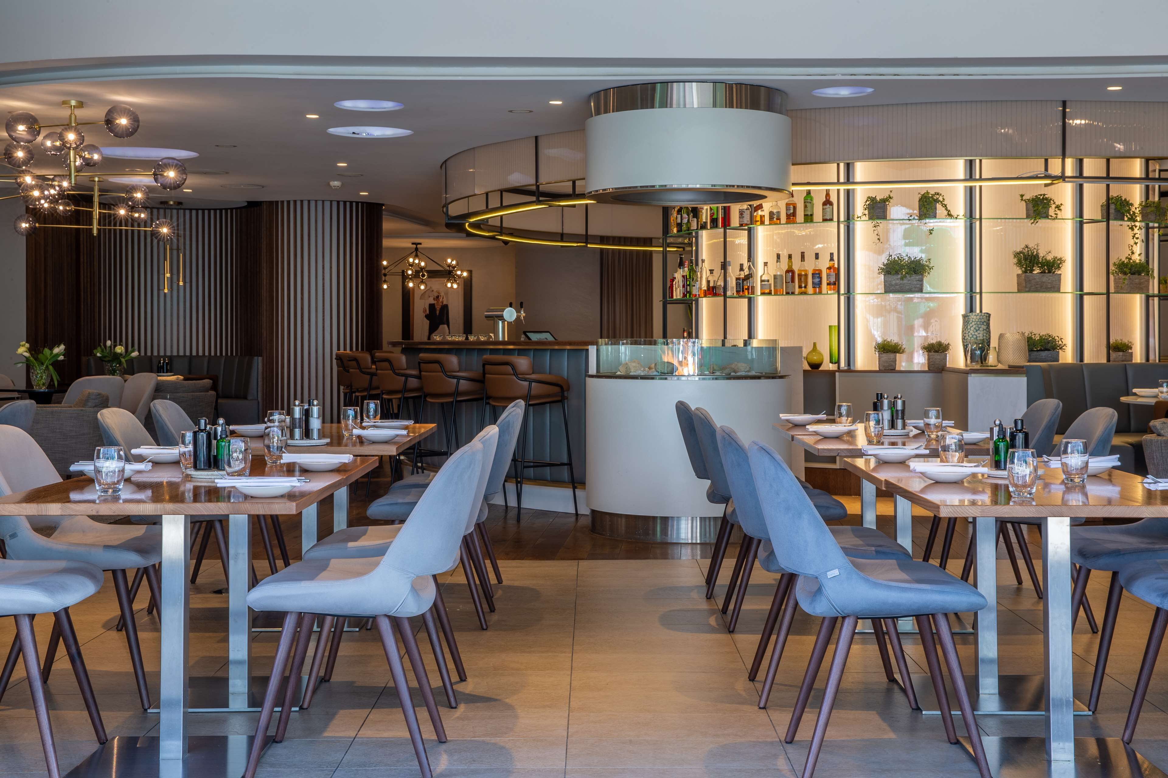 A modern restaurant with a bar area, seating arrangements, and a decorative centerpiece.