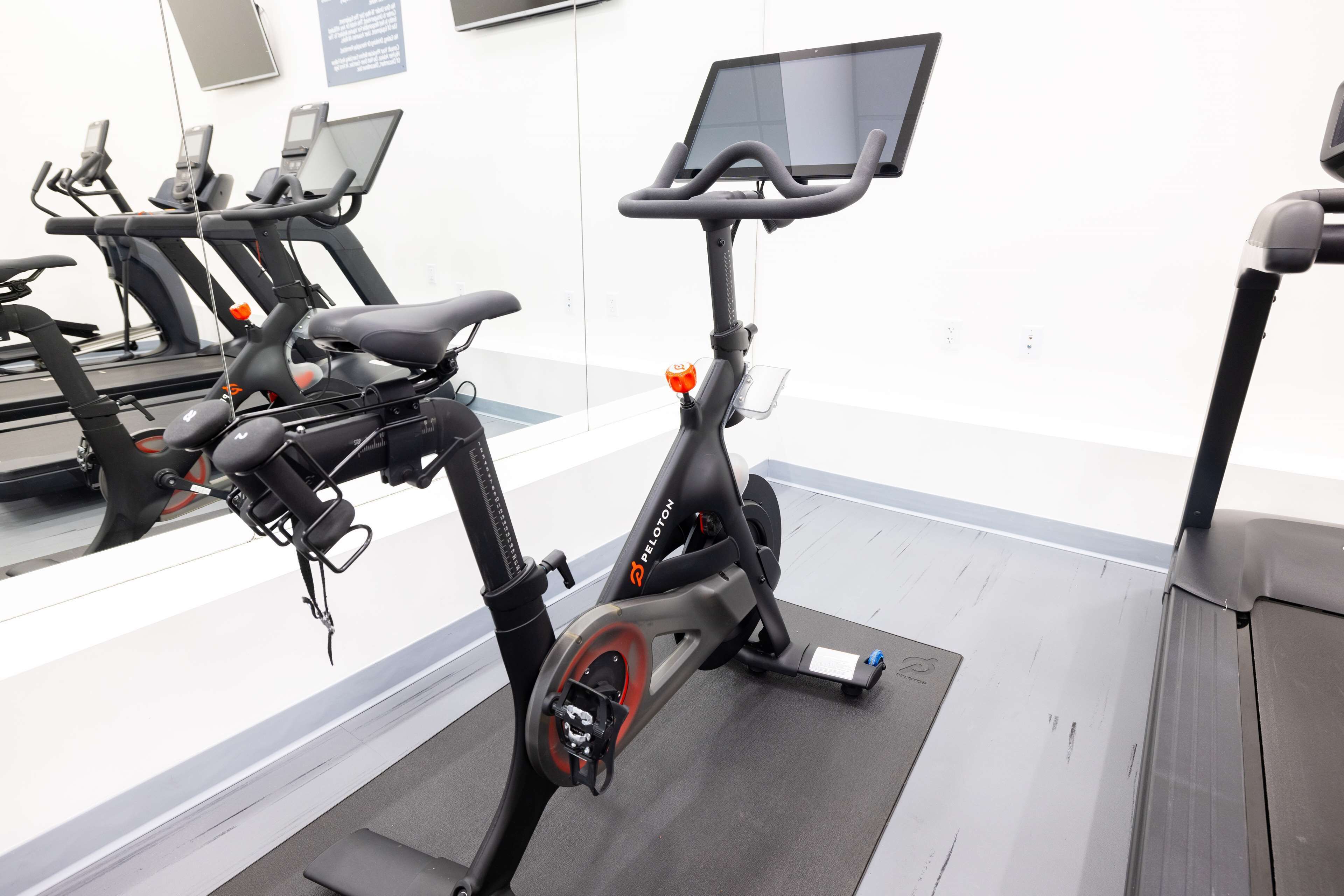 Un gimnasio interior con bicicletas estáticas, una cinta de correr y un espejo grande.