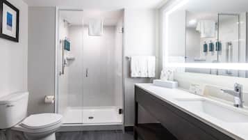 A modern bathroom with a toilet, a shower, and a vanity with a mirror.
