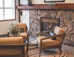 A cozy living room with a stone fireplace, two armchairs, and a decorative plant.