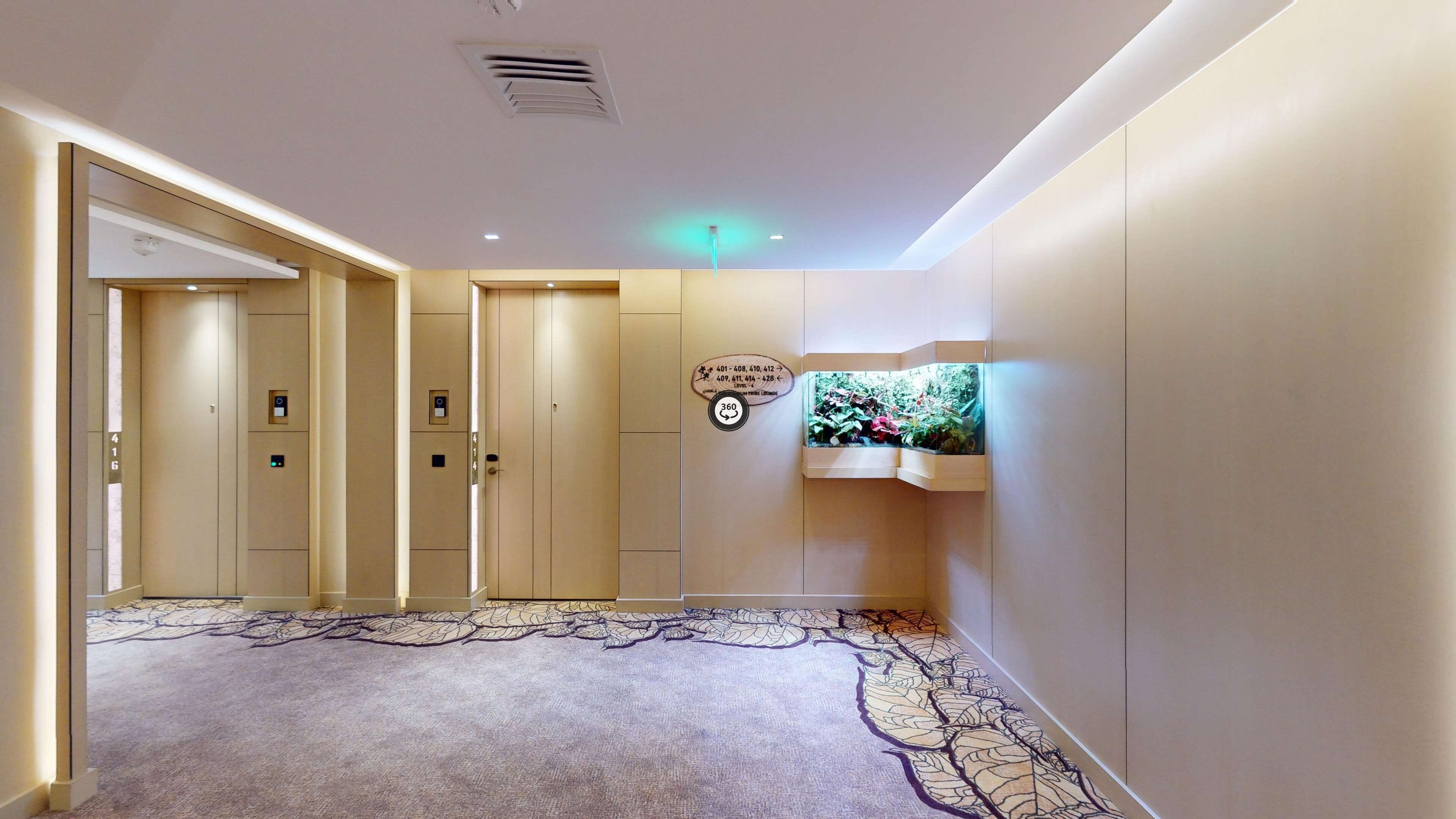 A hotel hallway with a carpeted floor, a wall-mounted aquarium, and a sign indicating the location of the elevator.