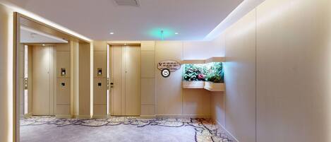 A hotel hallway with a carpeted floor, a wall-mounted aquarium, and a sign indicating the location of the elevator.