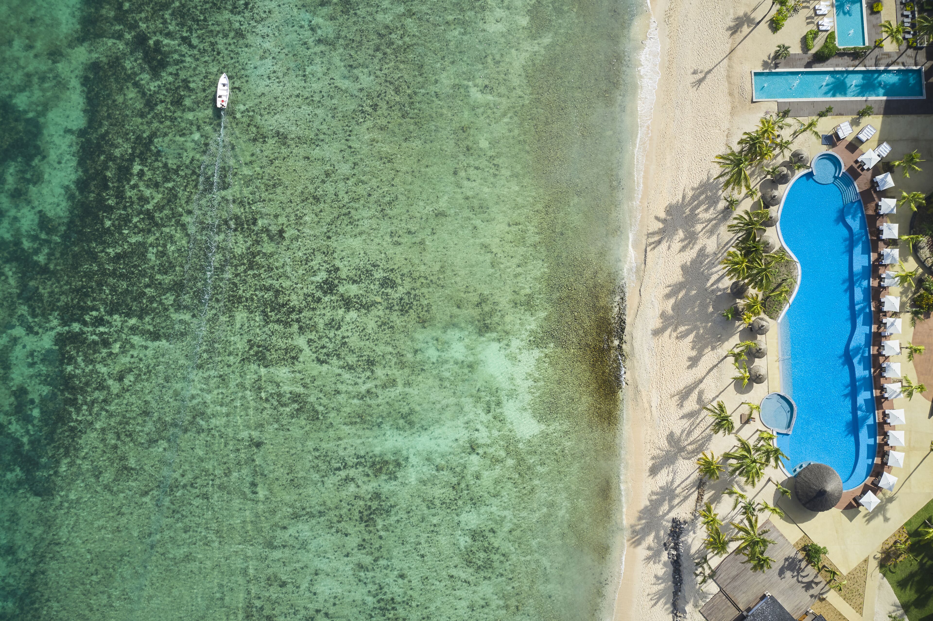 Vista aérea de un complejo turístico en la playa con piscina, sillas de descanso y palmeras.