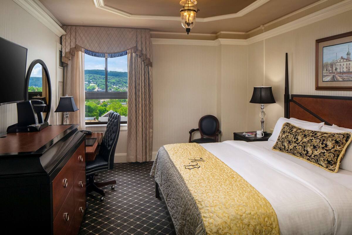 Ein Hotelzimmer mit einem großen Bett, einem Schreibtisch mit Stuhl, einem Fernseher und einem Fenster mit Blick auf Grünflächen.