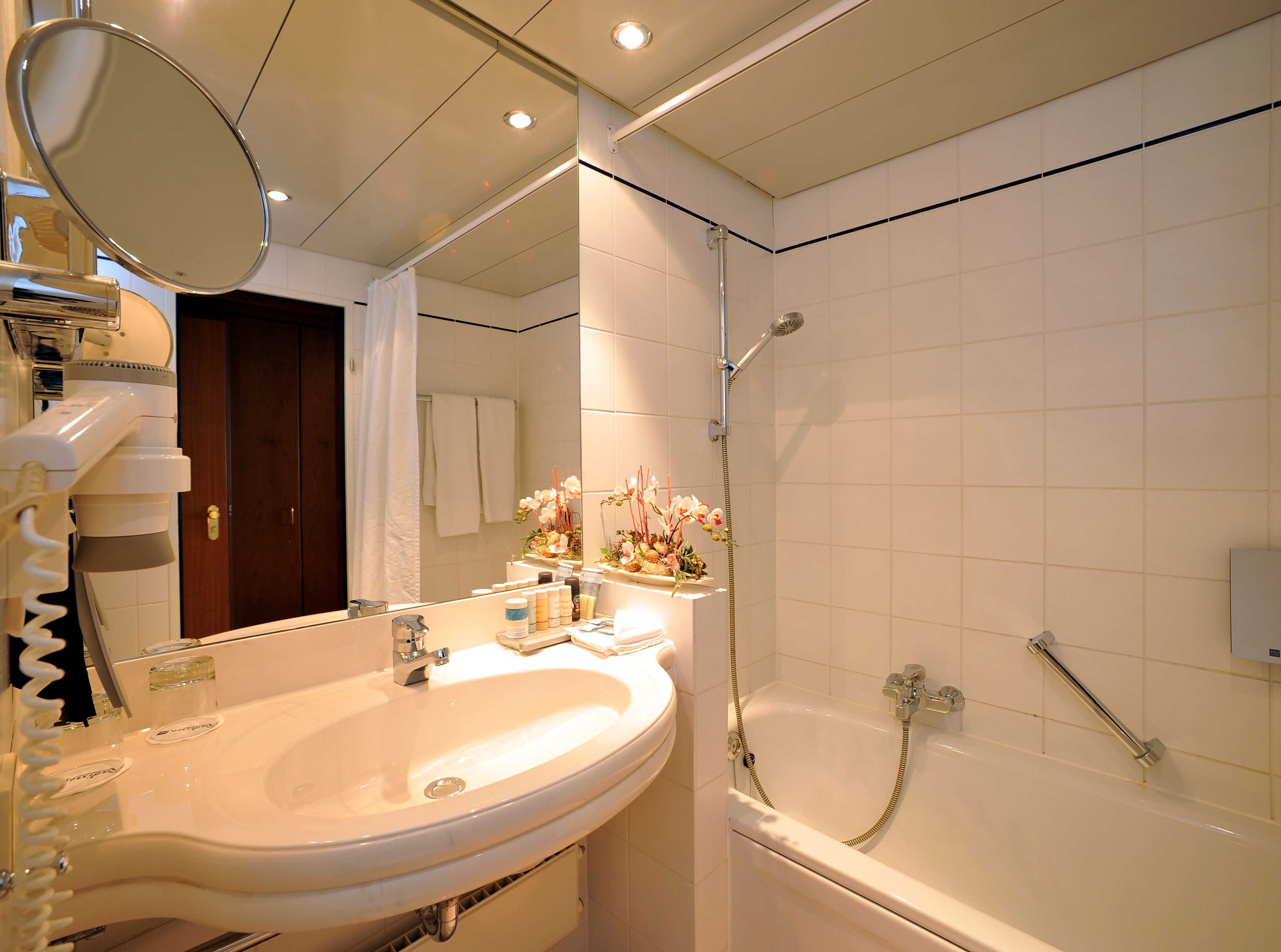 combined shower/bathtub, free toiletries, hair dryer, towels