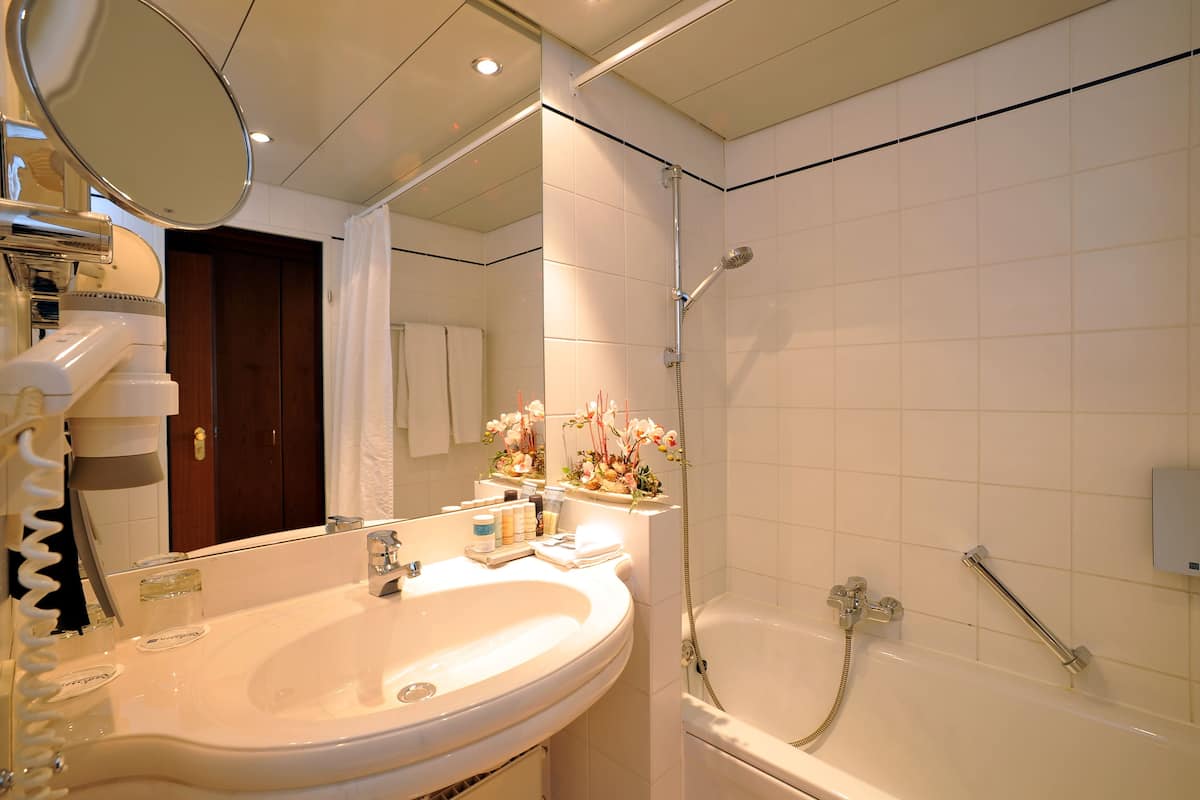 combined shower/bathtub, free toiletries, hair dryer, towels