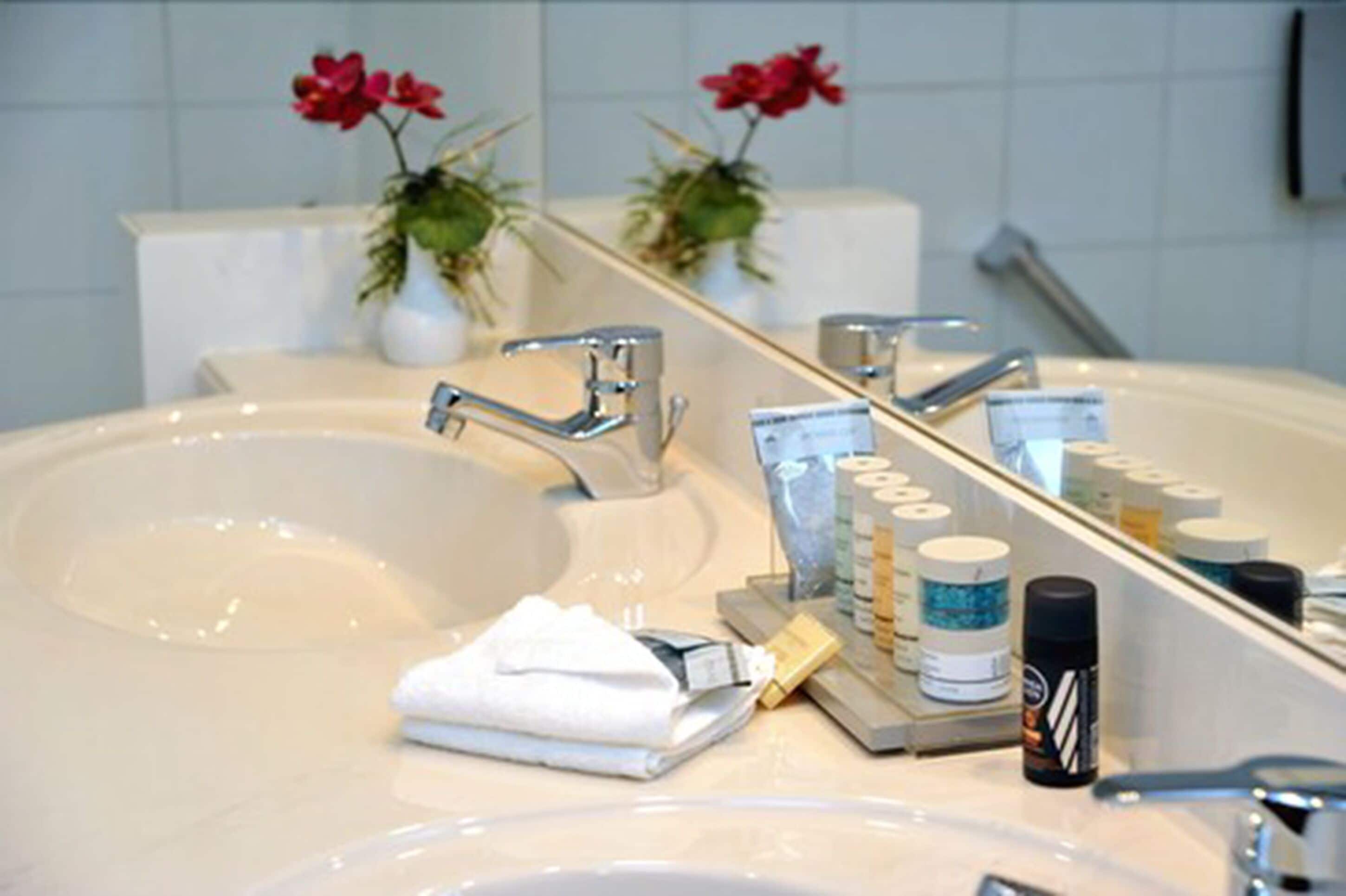 combined shower/bathtub, free toiletries, hair dryer, towels