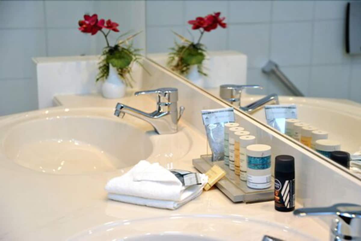 combined shower/bathtub, free toiletries, hair dryer, towels