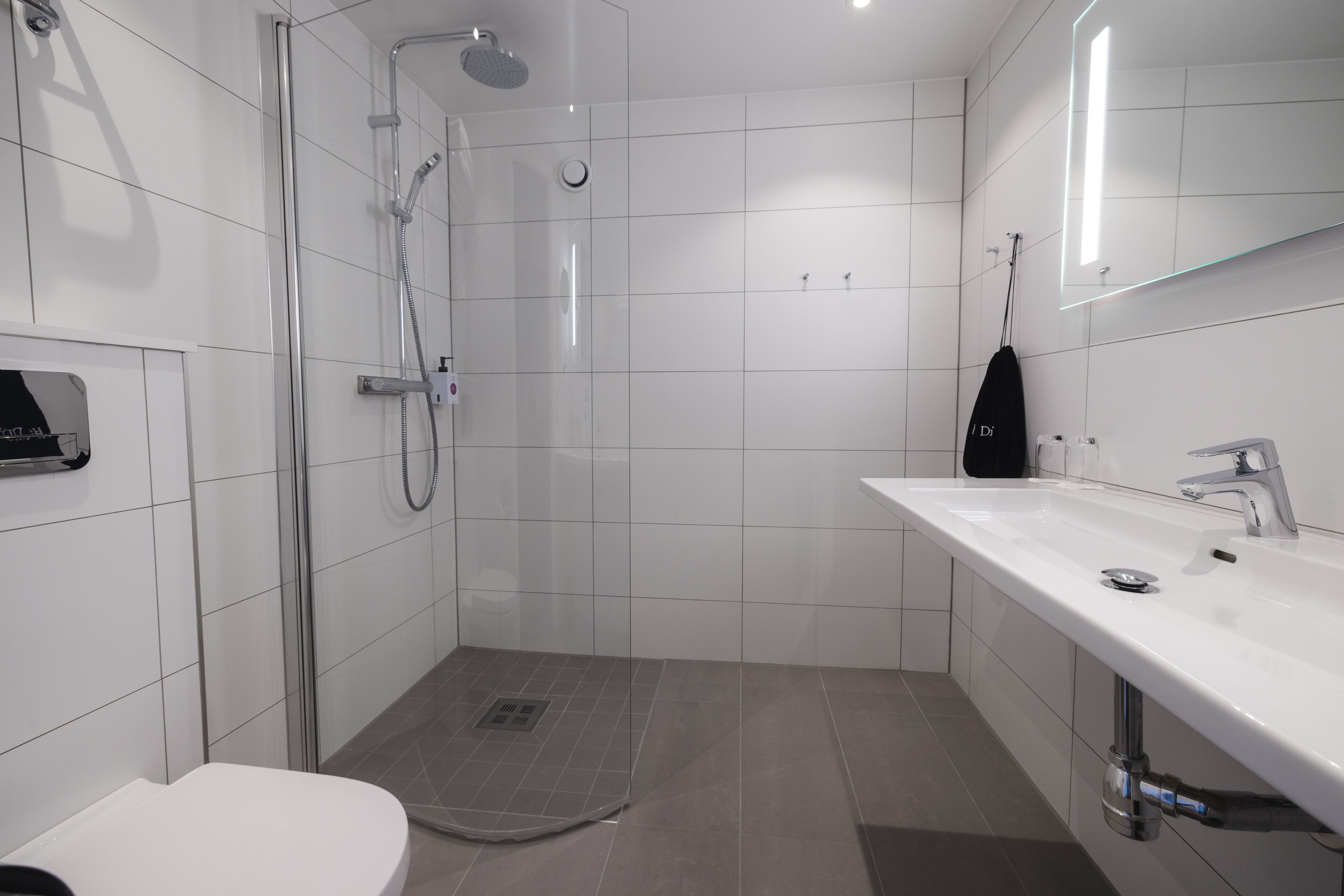 Ein modernes Badezimmer mit einer Duschkabine, einem weißen Waschbecken mit Spiegel und einer Toilette.