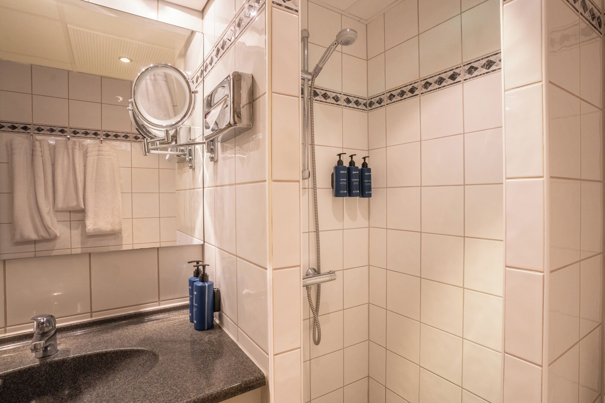 Une salle de bain équipée d’un lavabo, d’un miroir, d’une douche et d’articles de toilette.