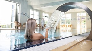 Ein Pool mit Wasserspiel, Innenbereich-Sitzgelegenheiten und großen Fenstern.