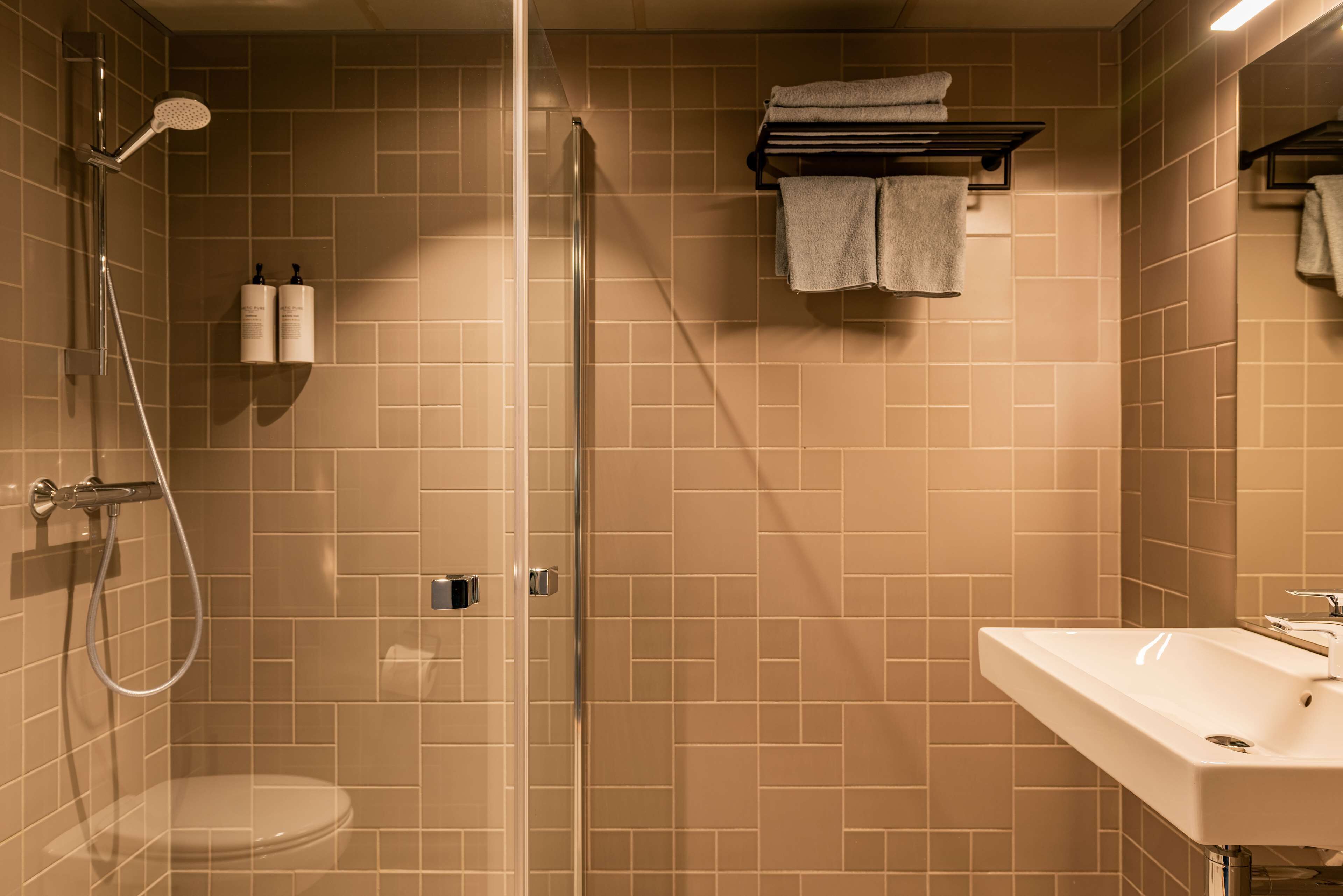 A bathroom with a glass-enclosed shower, a toilet, and a sink with a mirror.