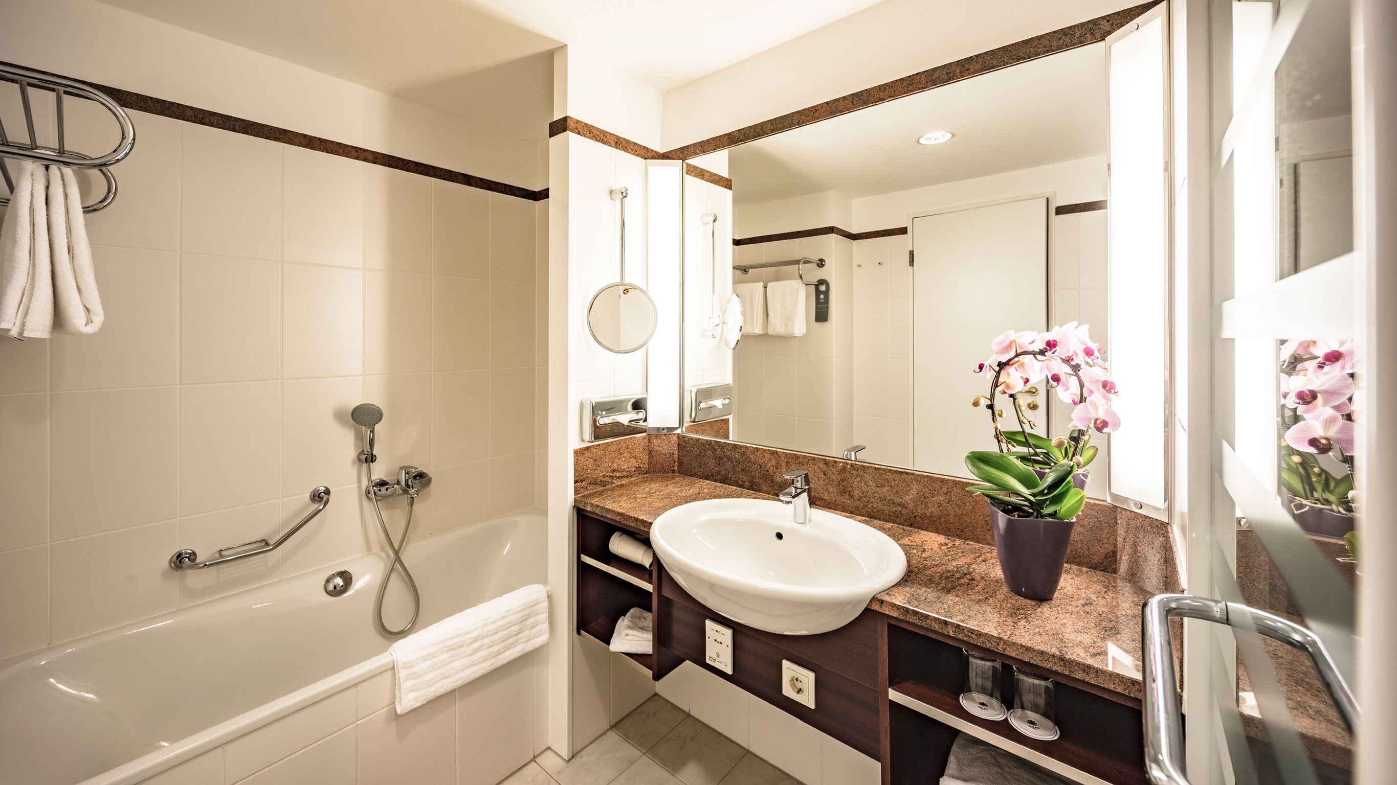 separate bathtub and shower, free toiletries, hair dryer, bathrobes