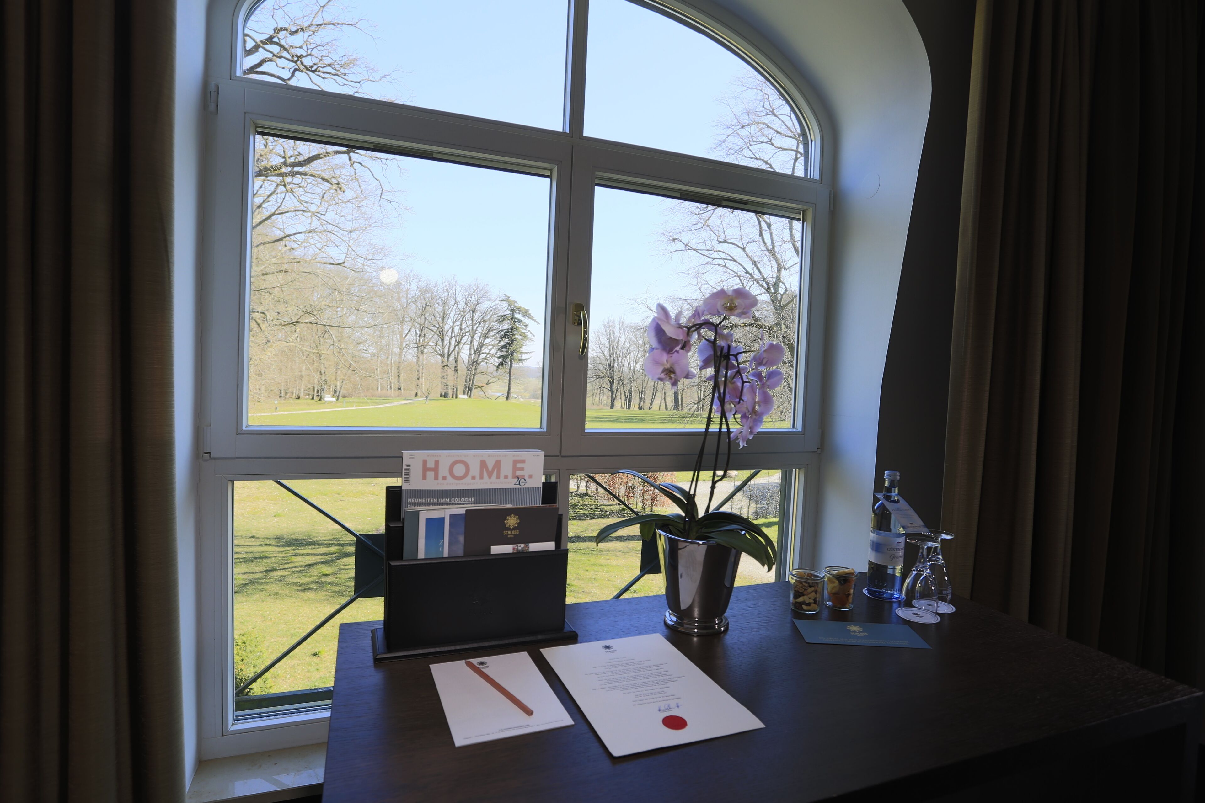 A desk with a window view of a park, a vase with flowers, and some documents.