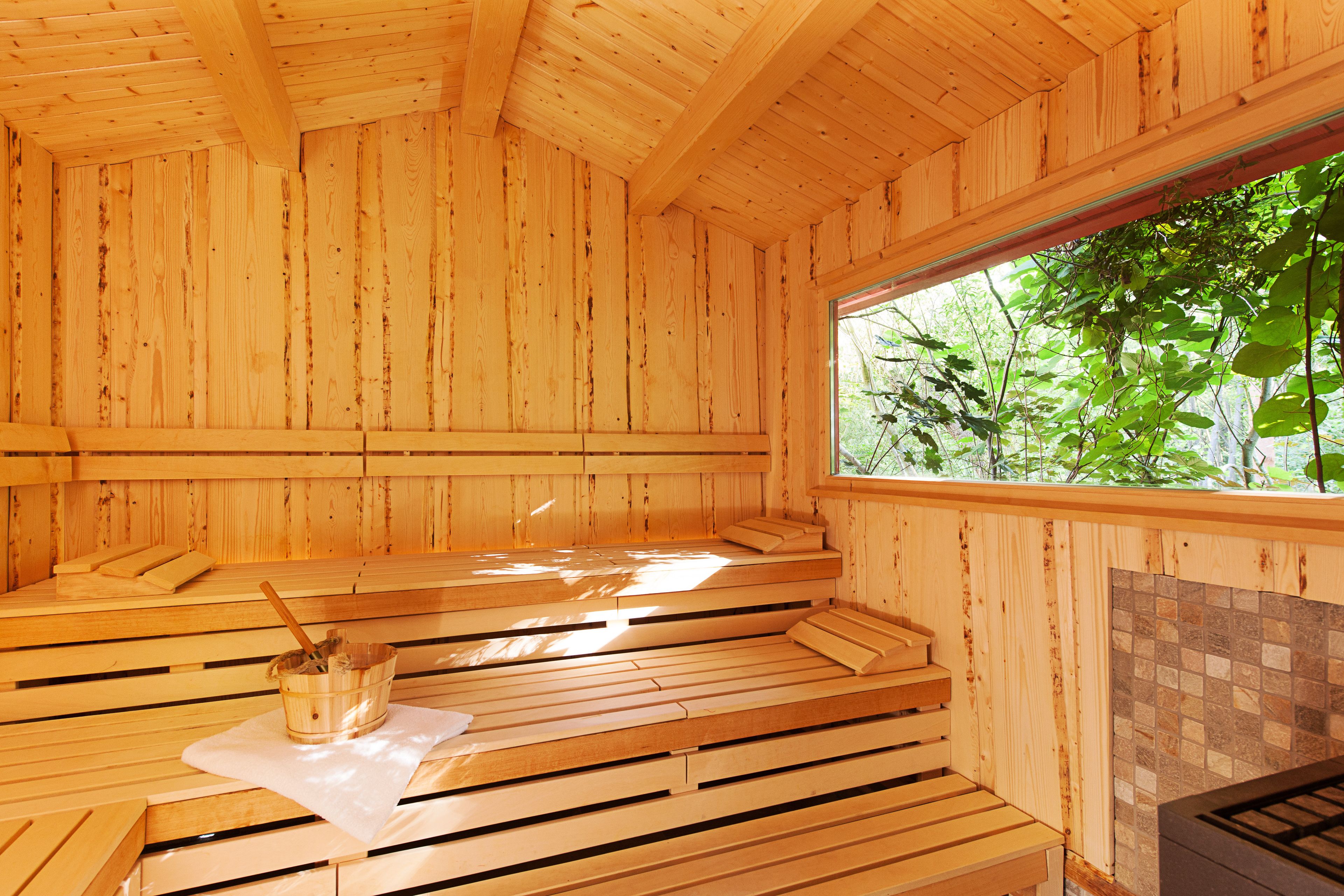 A wooden sauna with benches and a window overlooking greenery.