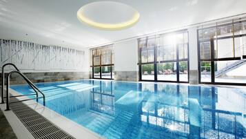 Indoor pool, outdoor pool, open 9:00 AM to 8:00 PM, pool umbrellas