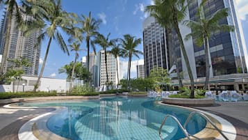 Piscina externa, guarda-sóis, espreguiçadeiras