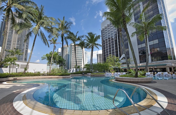 Outdoor pool, pool umbrellas, sun loungers