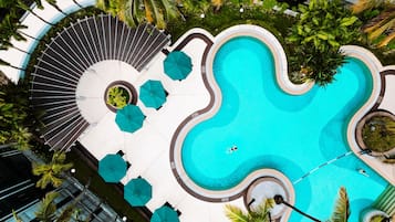 Outdoor pool, pool umbrellas, pool loungers