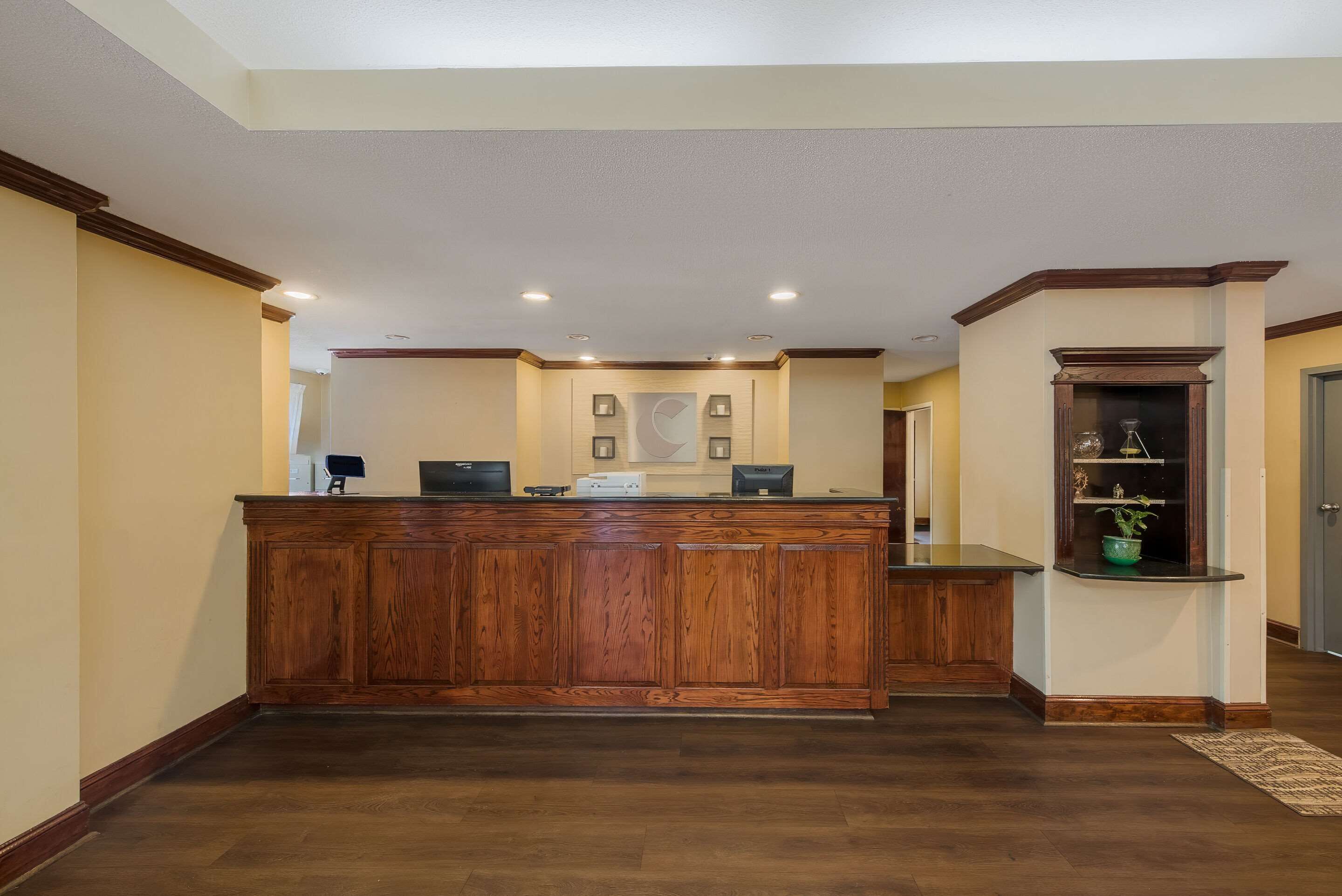 A reception area with a wooden counter, a wall-mounted display, and a built-in shelf with a potted plant.