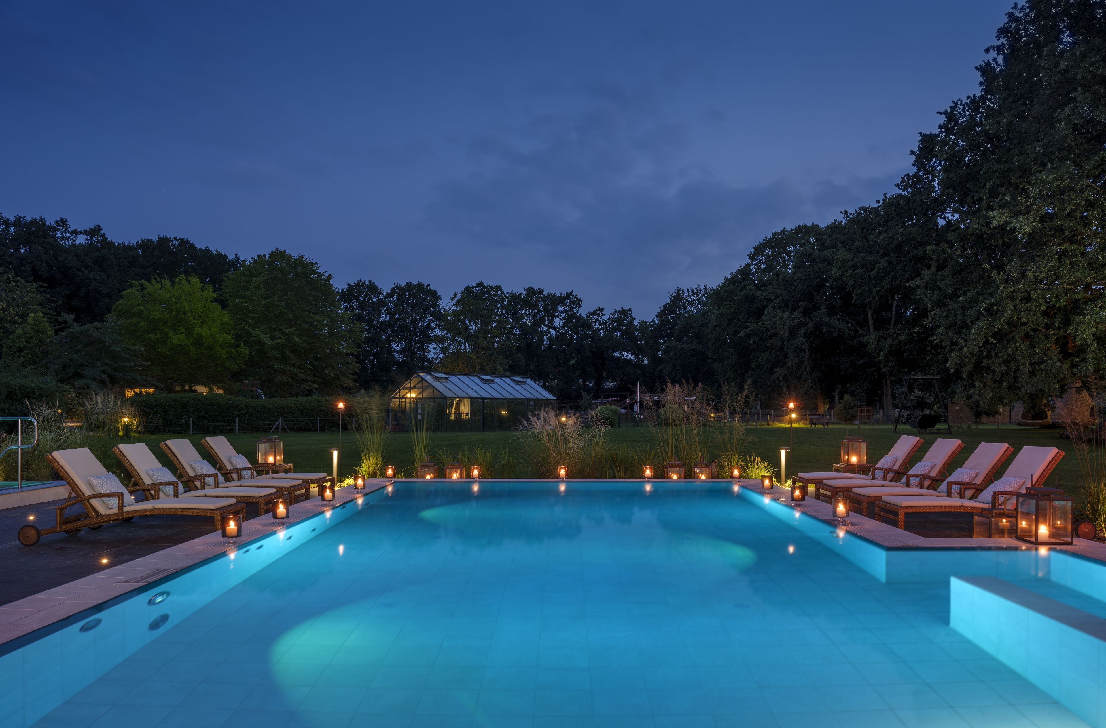 indoor pool, outdoor pool, pool umbrellas, pool loungers