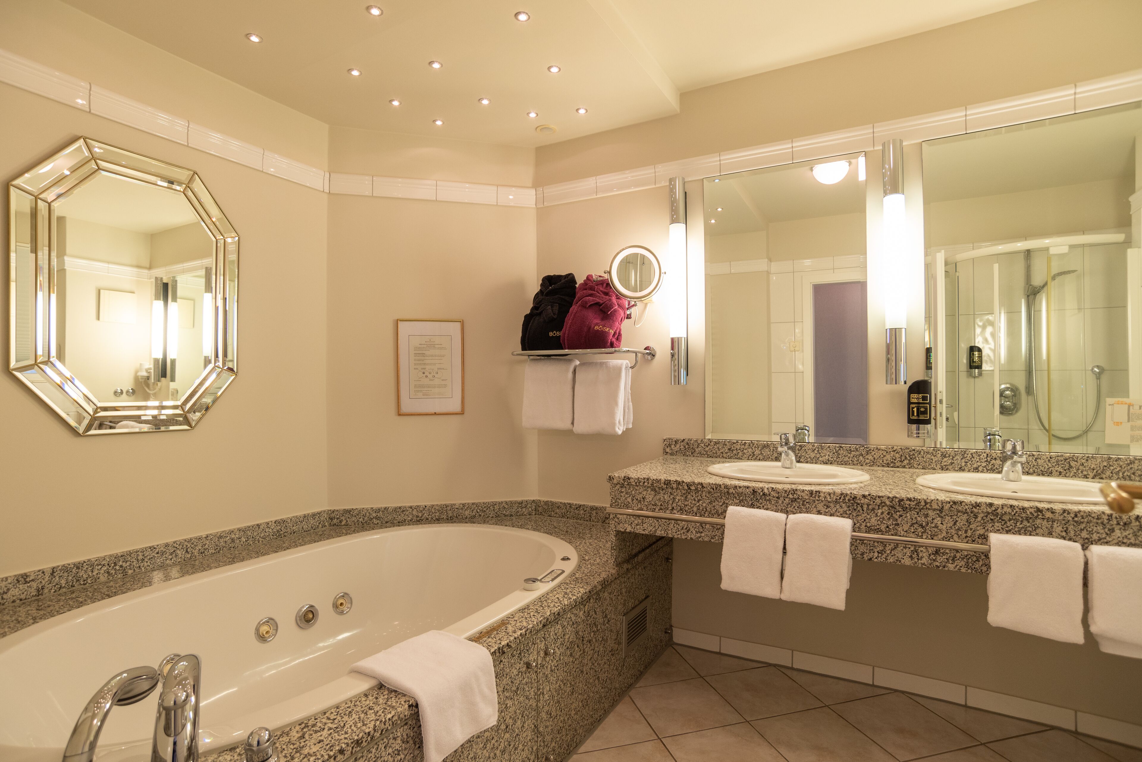 hair dryer, dressing gowns, slippers, towels