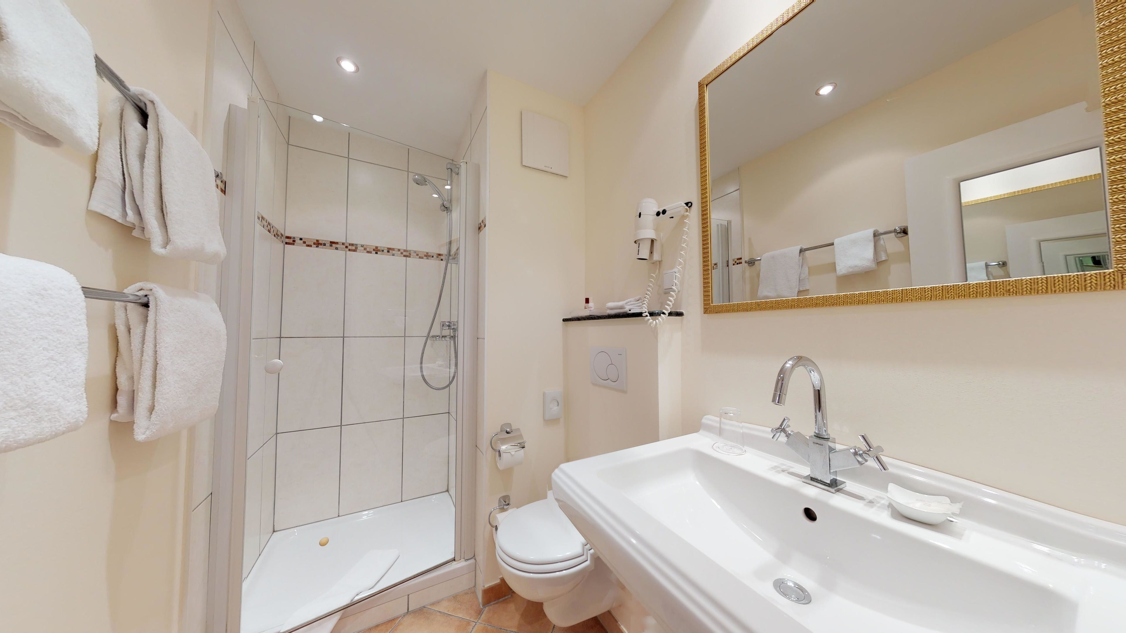 free toiletries, hair dryer, towels