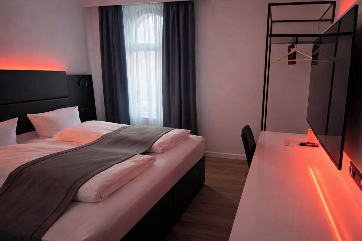 A hotel room with a bed, a desk, a chair, a TV, and a window with curtains.