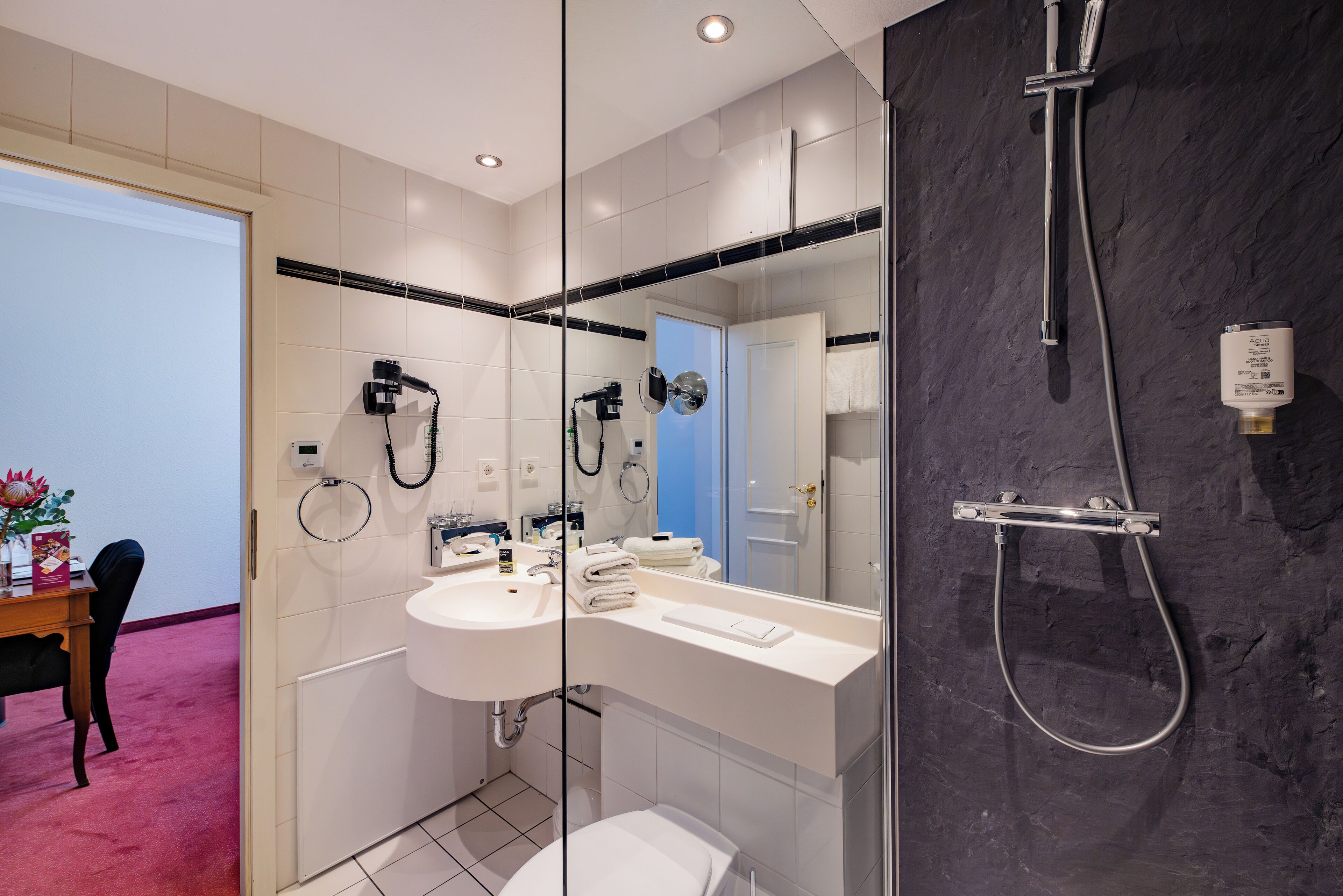 A modern bathroom with a glass partition, a dual sink vanity, a large mirror, a shower with a handheld showerhead, and a toilet.