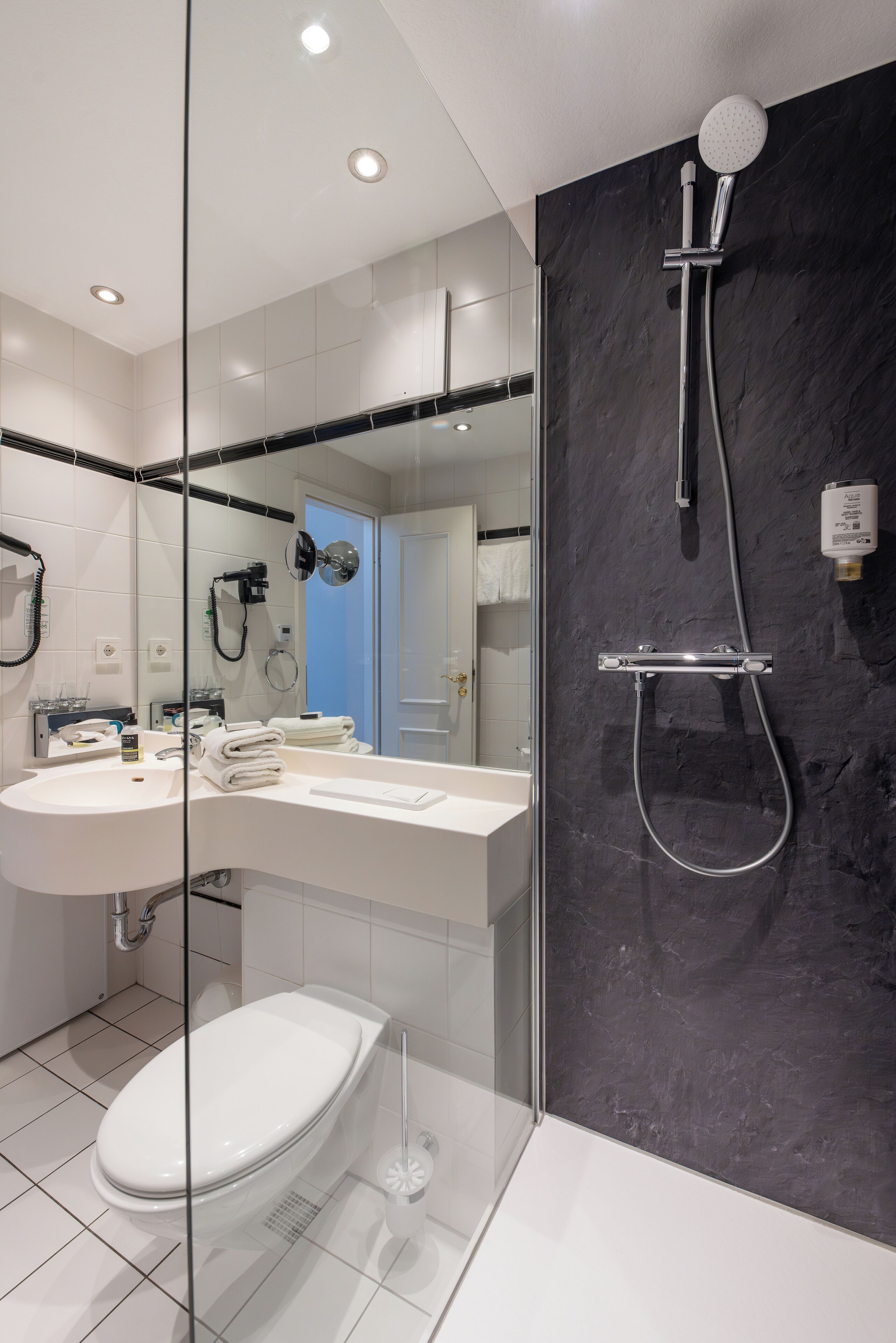 Un baño moderno con ducha envuelta en vidrio, inodoro blanco y tocador con espejo.