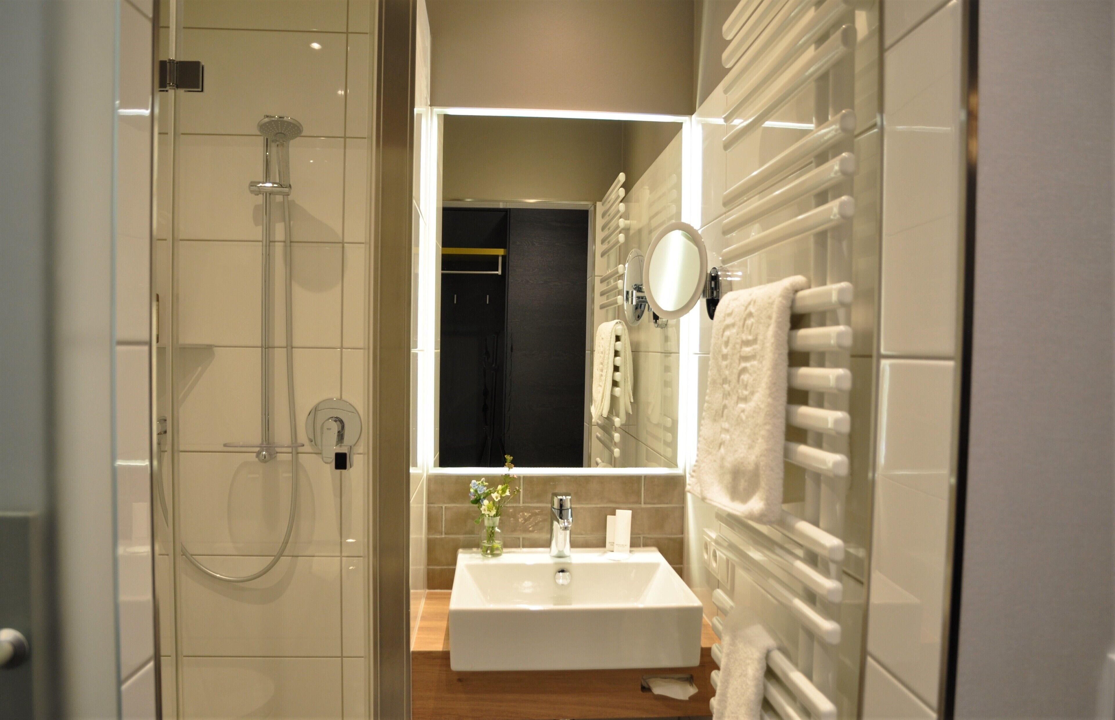 business single room | bathroom | shower, free toiletries, hair dryer, towels