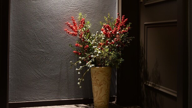 A dark door with the number 56, a wall-mounted light fixture, and a potted plant with red berries. - Ratskeller Wiedenbrück (Rheda-Wiedenbruck)
