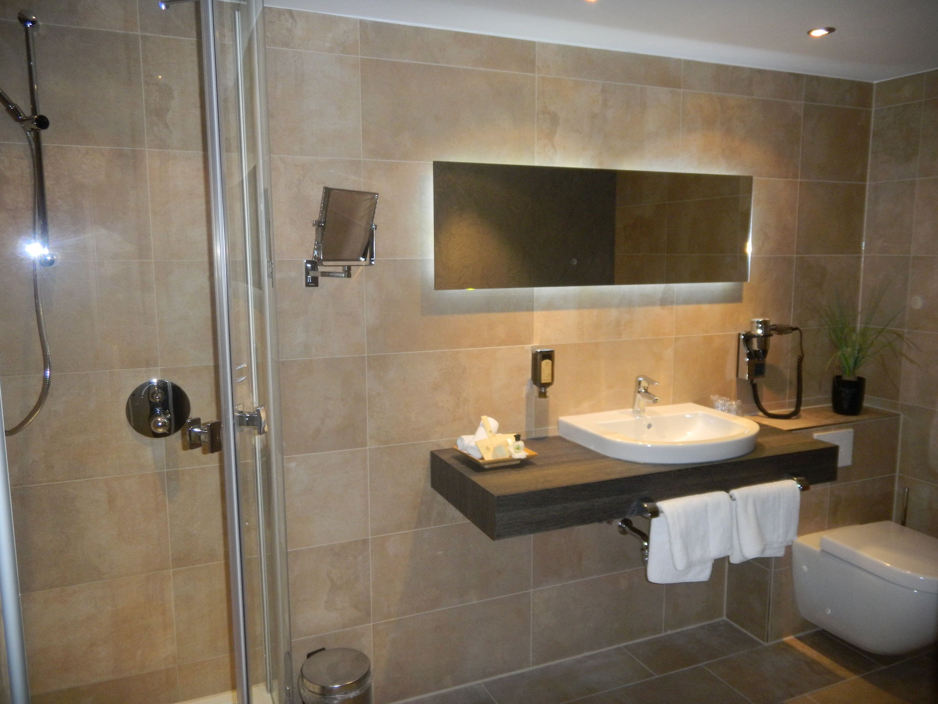 A modern bathroom with a glass shower enclosure, a sink with a mirror above, and a toilet.