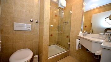 A bathroom with a glass-enclosed shower, a toilet, and a sink with a mirror.