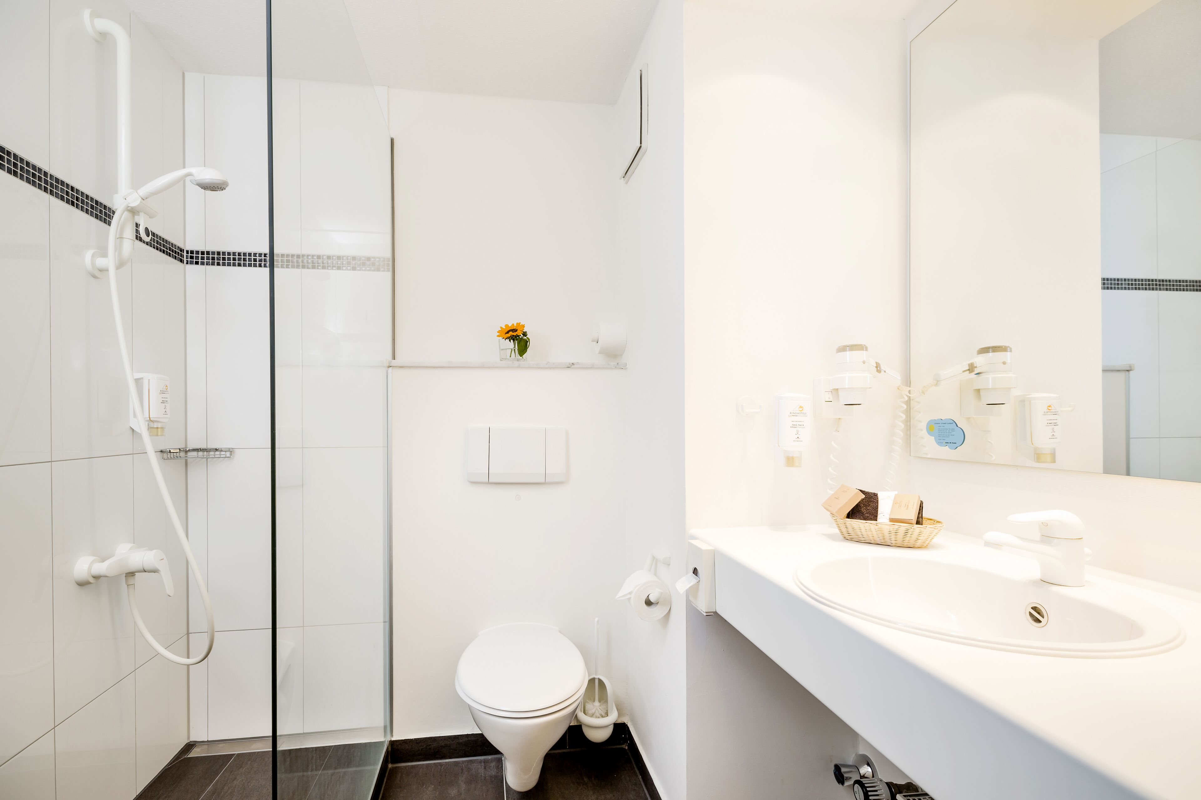 free toiletries, hair dryer, towels