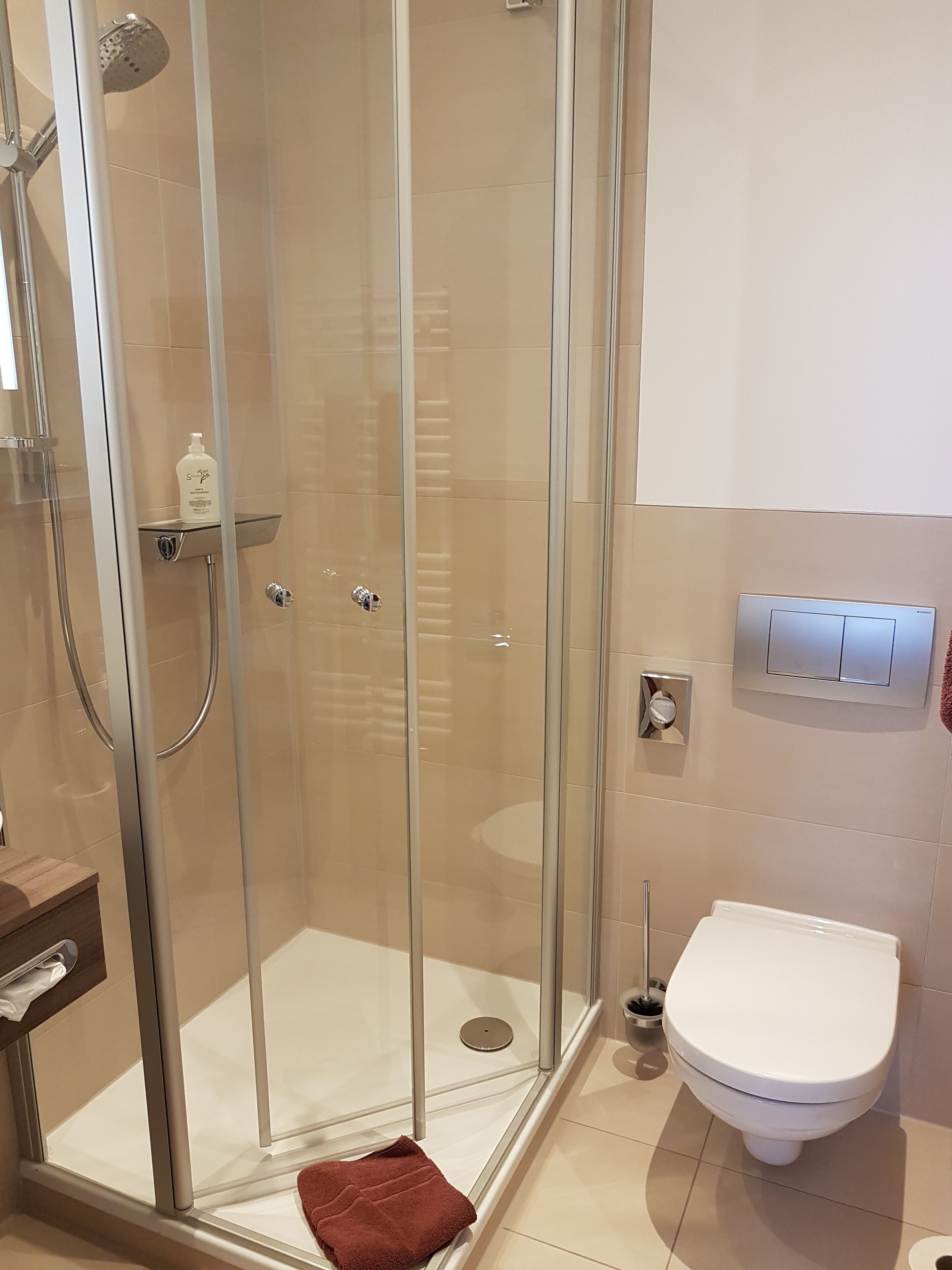 Un baño moderno con ducha de mampara de vidrio, inodoro blanco y un pequeño estante con artículos de aseo.