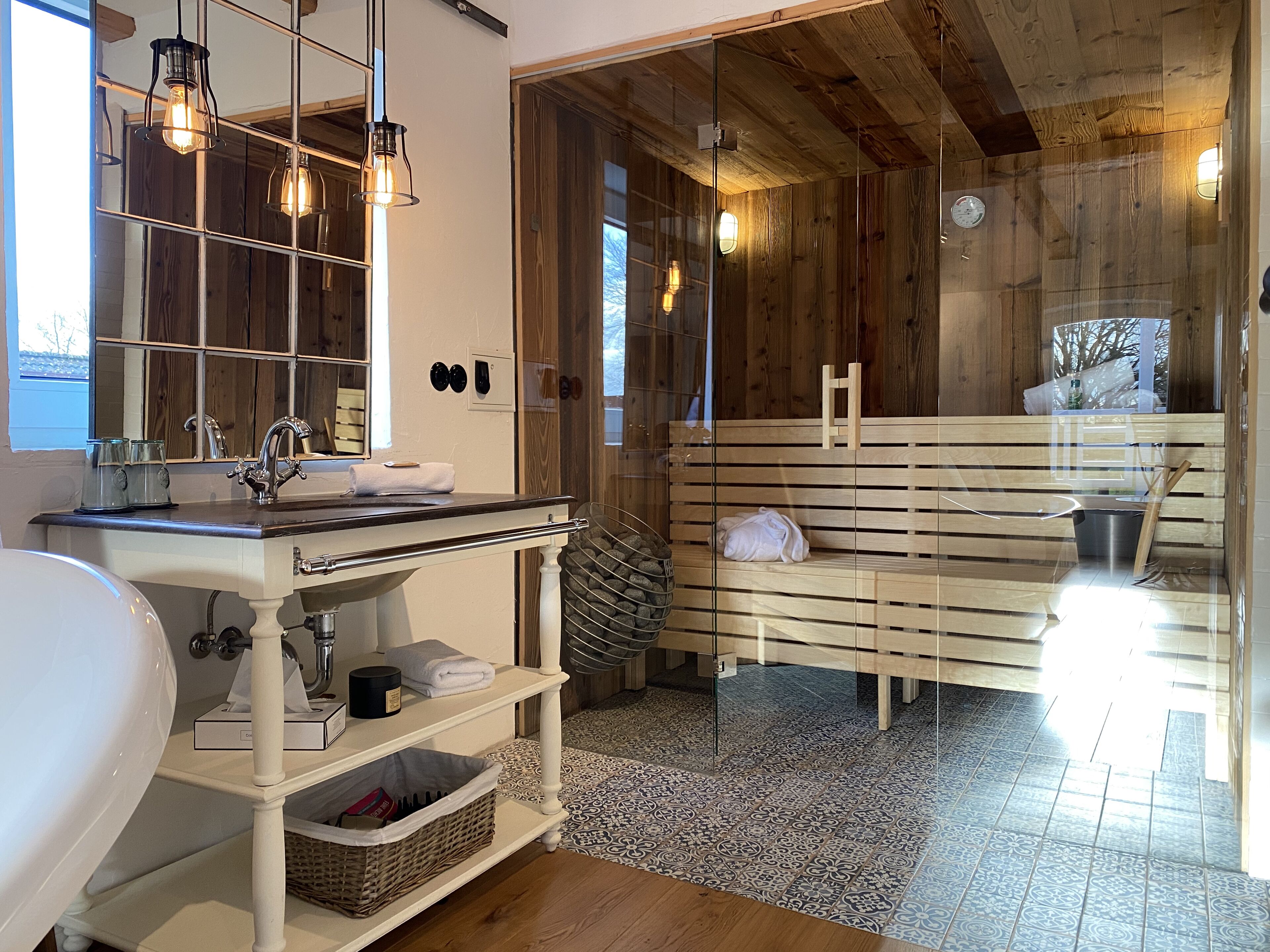 spa suite with sauna | bathroom | shower, hair dryer, towels