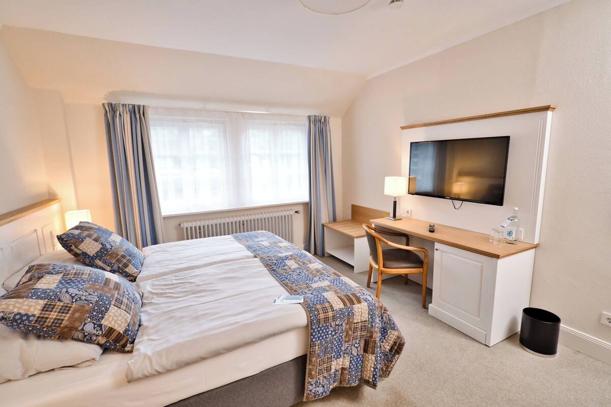Habitación de hotel con cama, escritorio, silla, televisor y radiador.